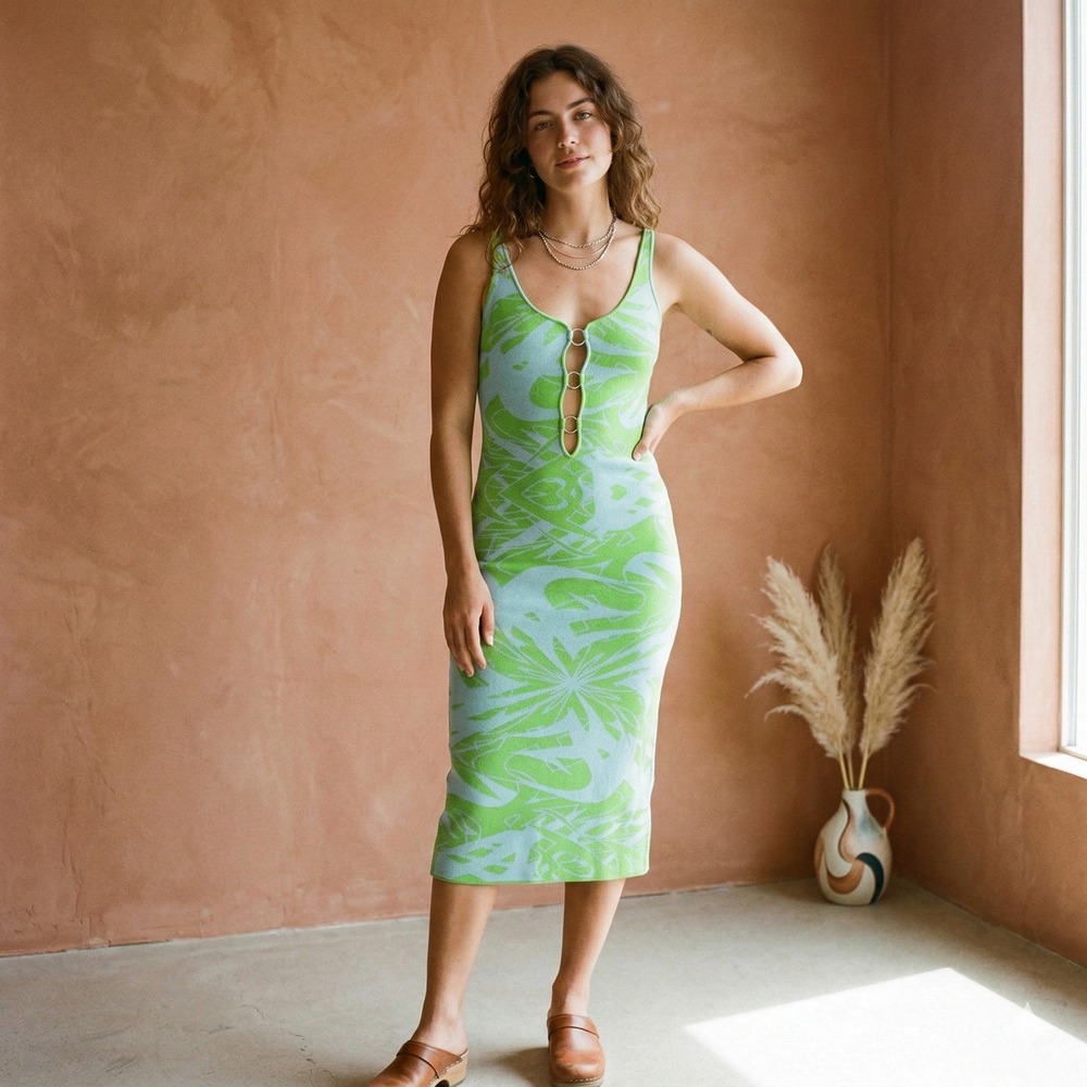 Paloma Wool Scorpia Dress Womens Small Green Blue Splash Print Keyhole Midi